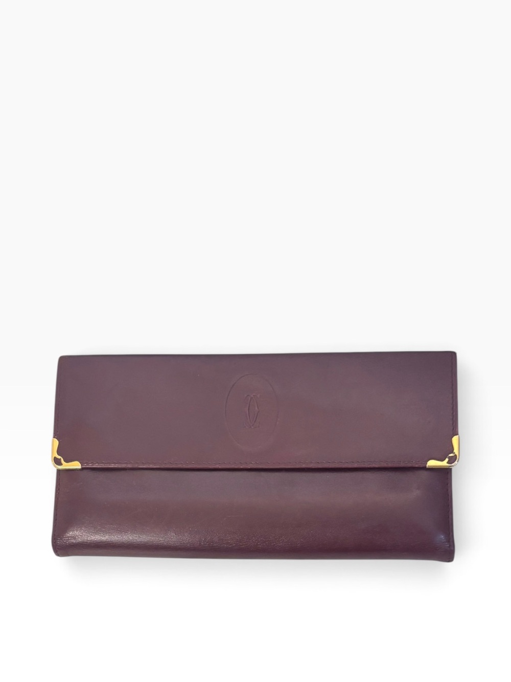 Vintage Cartier Burgundy Leather Long Wallet Kiss Lock Coin Purse Gold Tone